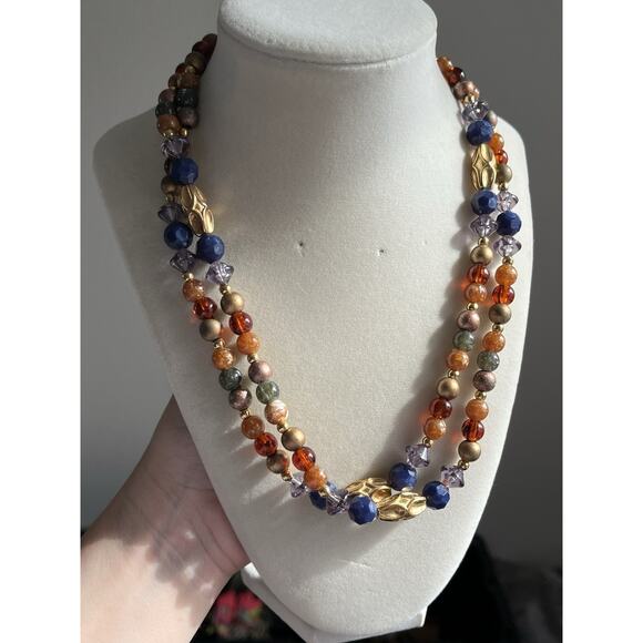 VINTAGE LCI LIZ CLAIBORNE BEADED COLORFUL ACRYLIC GOLD TONE NECKLACE LONG 38” - Picture 1 of 6